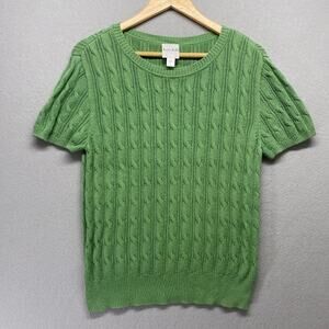 Kate Hill Sweater Womens Petite Large Green Cable Knit Pima Cotton Preppy